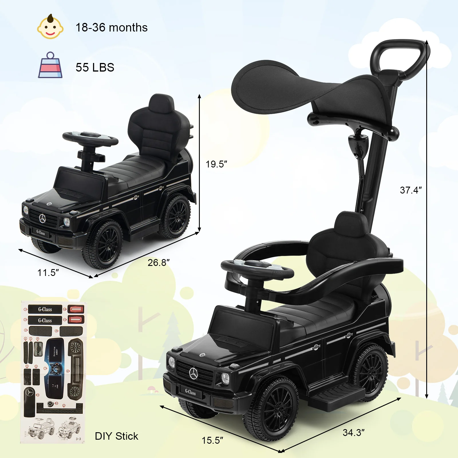 3-In-1 Ride on Push Car Mercedes Benz G350 Stroller Sliding Car with Canopy - Image 4