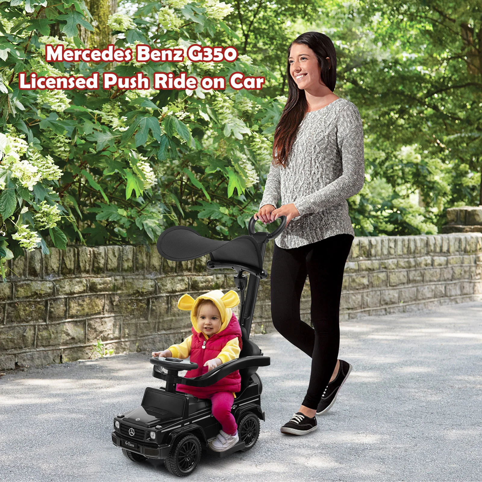3-In-1 Ride on Push Car Mercedes Benz G350 Stroller Sliding Car with Canopy - Image 5