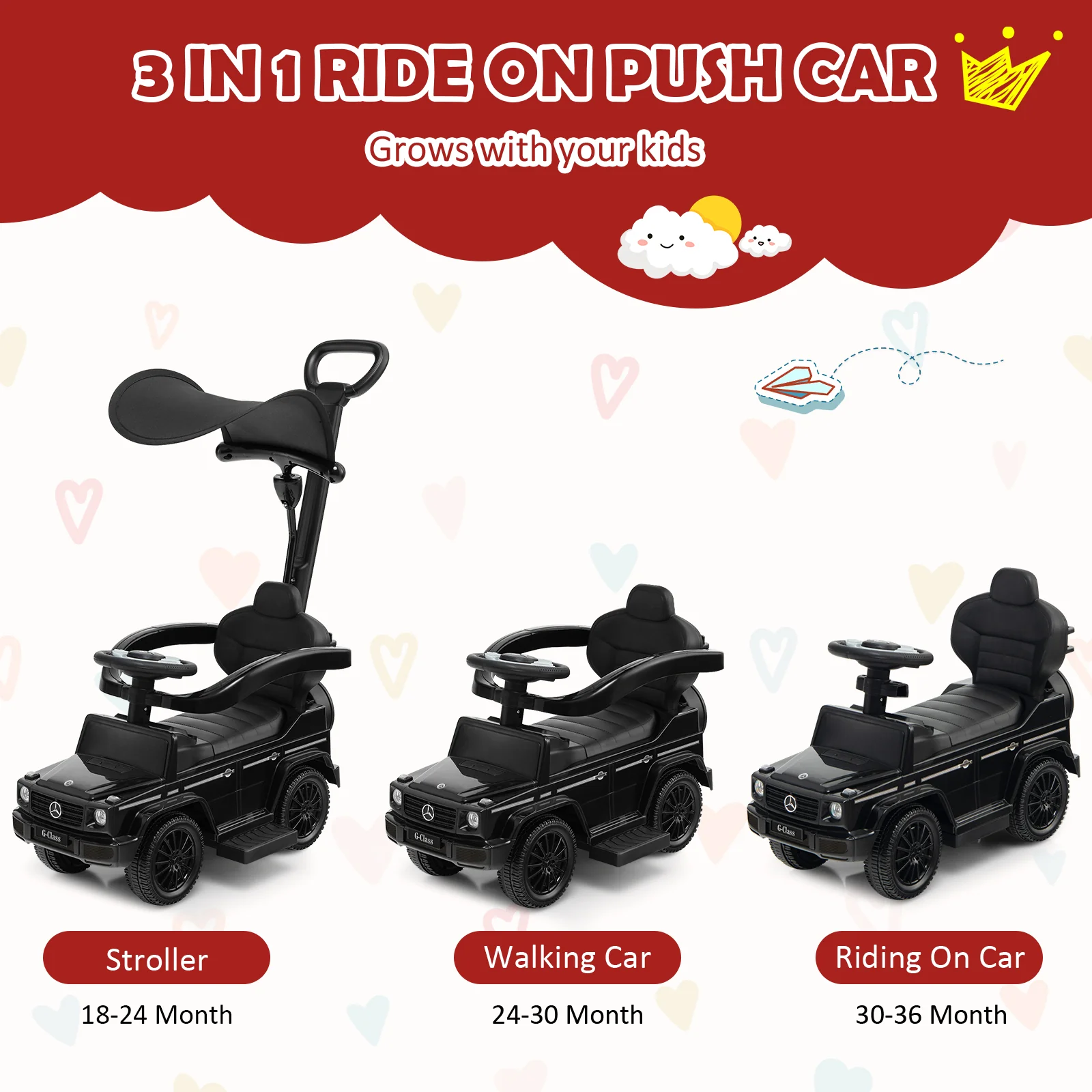 3-In-1 Ride on Push Car Mercedes Benz G350 Stroller Sliding Car with Canopy - Image 6