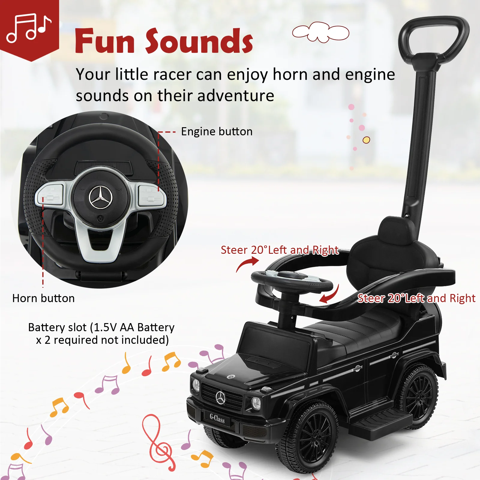 3-In-1 Ride on Push Car Mercedes Benz G350 Stroller Sliding Car with Canopy - Image 8