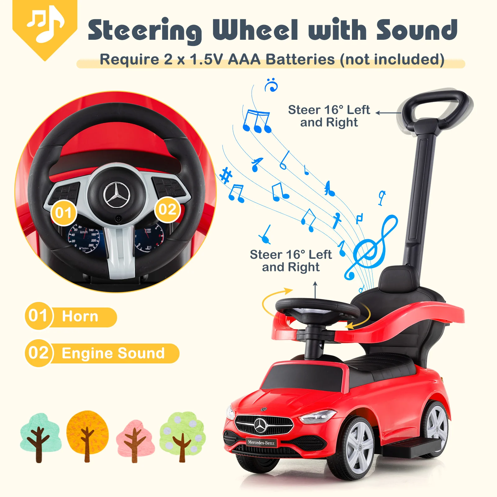 3-in-1 Ride on Push Car Mercedes-Benz Licensed Sliding Car with Canopy - Image 14