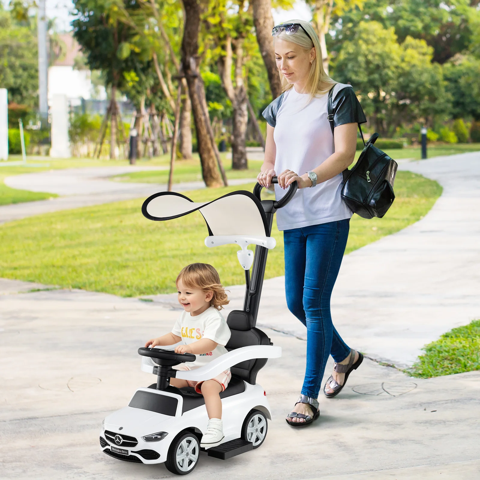 3-in-1 Ride on Push Car Mercedes-Benz Licensed Sliding Car with Canopy - Image 17