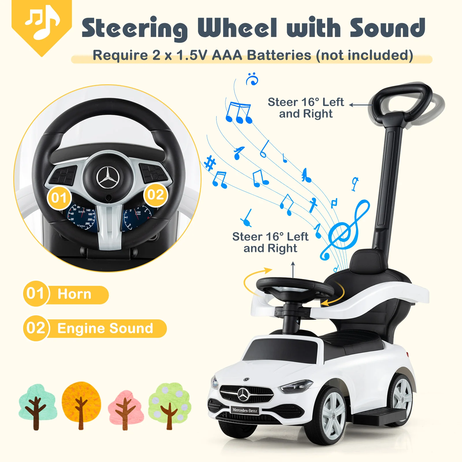 3-in-1 Ride on Push Car Mercedes-Benz Licensed Sliding Car with Canopy - Image 23