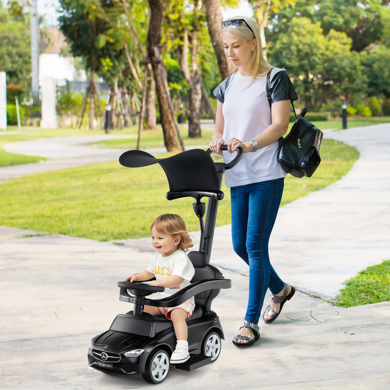 3-in-1 Ride on Push Car Mercedes-Benz Licensed Sliding Car with Canopy - Image 25