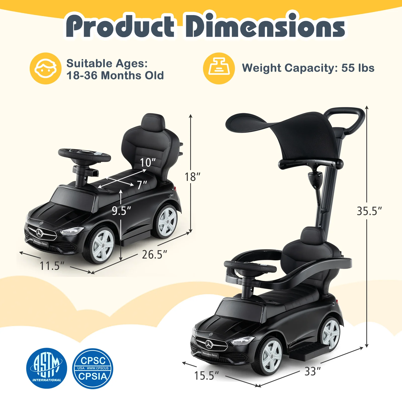 3-in-1 Ride on Push Car Mercedes-Benz Licensed Sliding Car with Canopy - Image 29