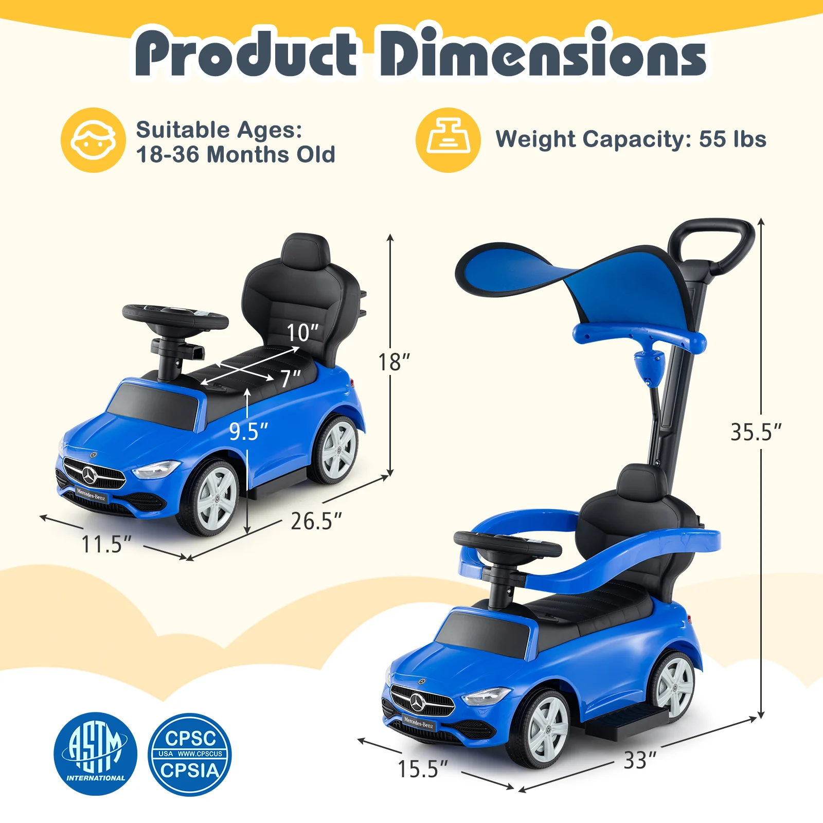 3-in-1 Ride on Push Car Mercedes-Benz Licensed Sliding Car with Canopy - Image 5