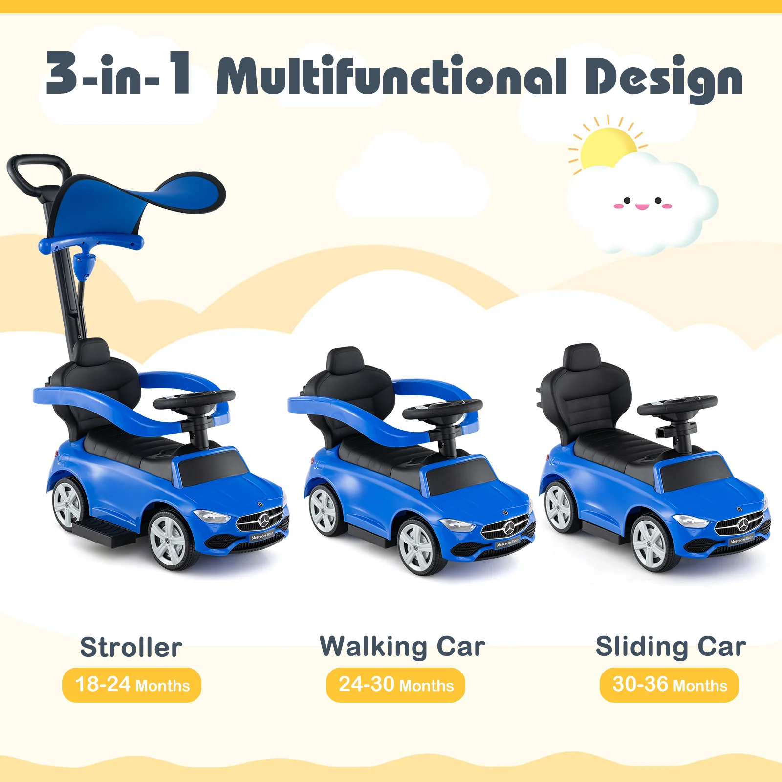 3-in-1 Ride on Push Car Mercedes-Benz Licensed Sliding Car with Canopy - Image 6