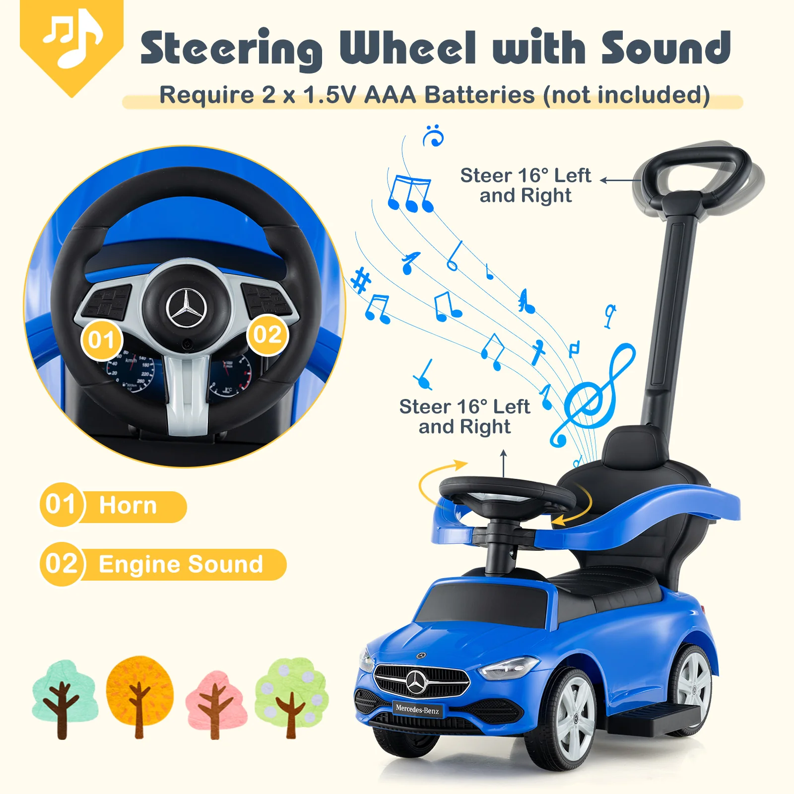 3-in-1 Ride on Push Car Mercedes-Benz Licensed Sliding Car with Canopy - Image 7