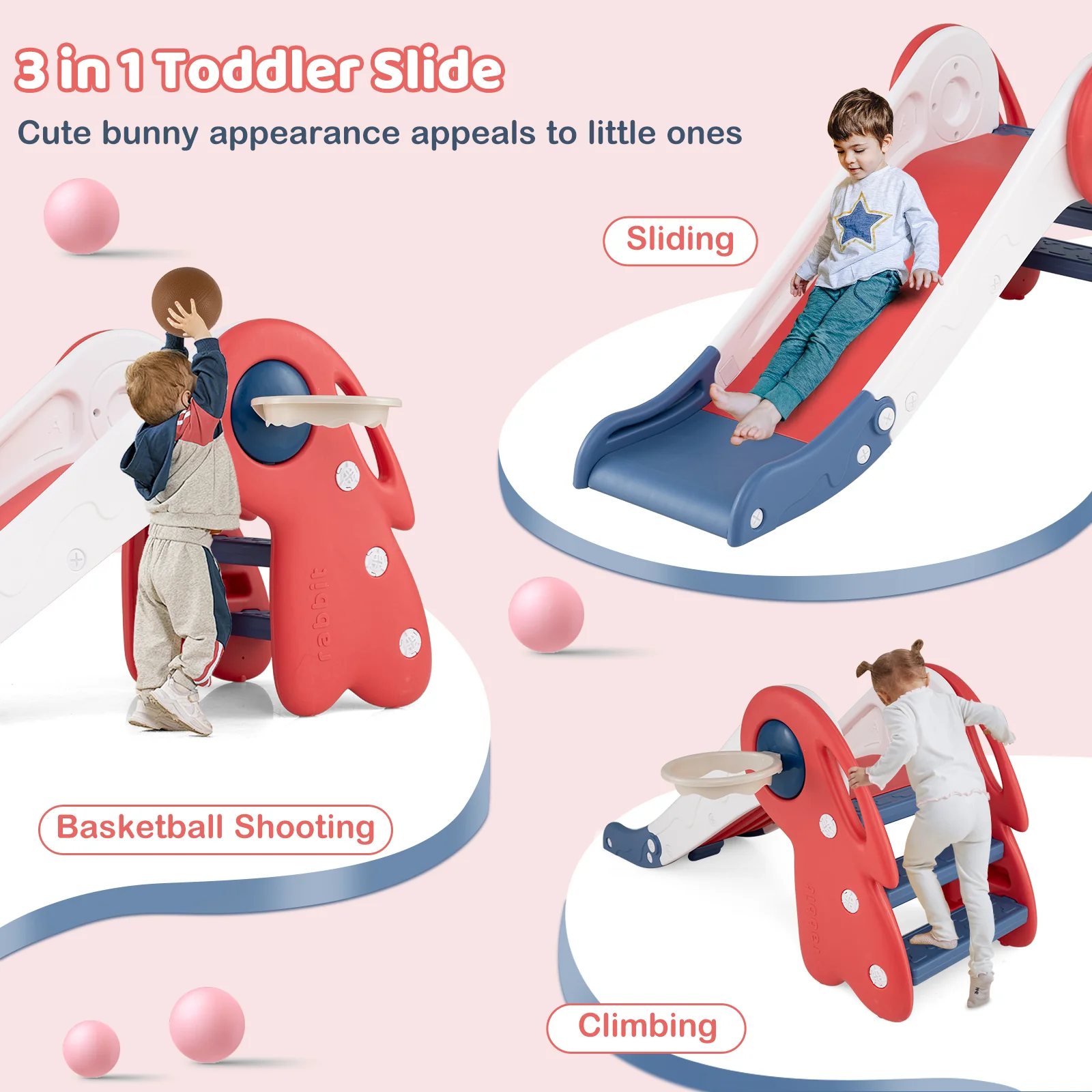3 in 1 Toddler Slide Baby Slide Climber Playset with Basketball Hoop and Basketball - Image 5