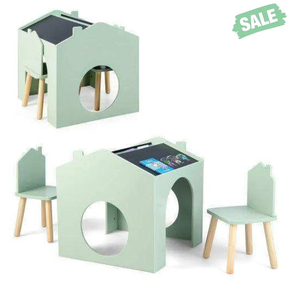 3 Pieces Wooden Kids Table and Chair Set-Green - Image 3