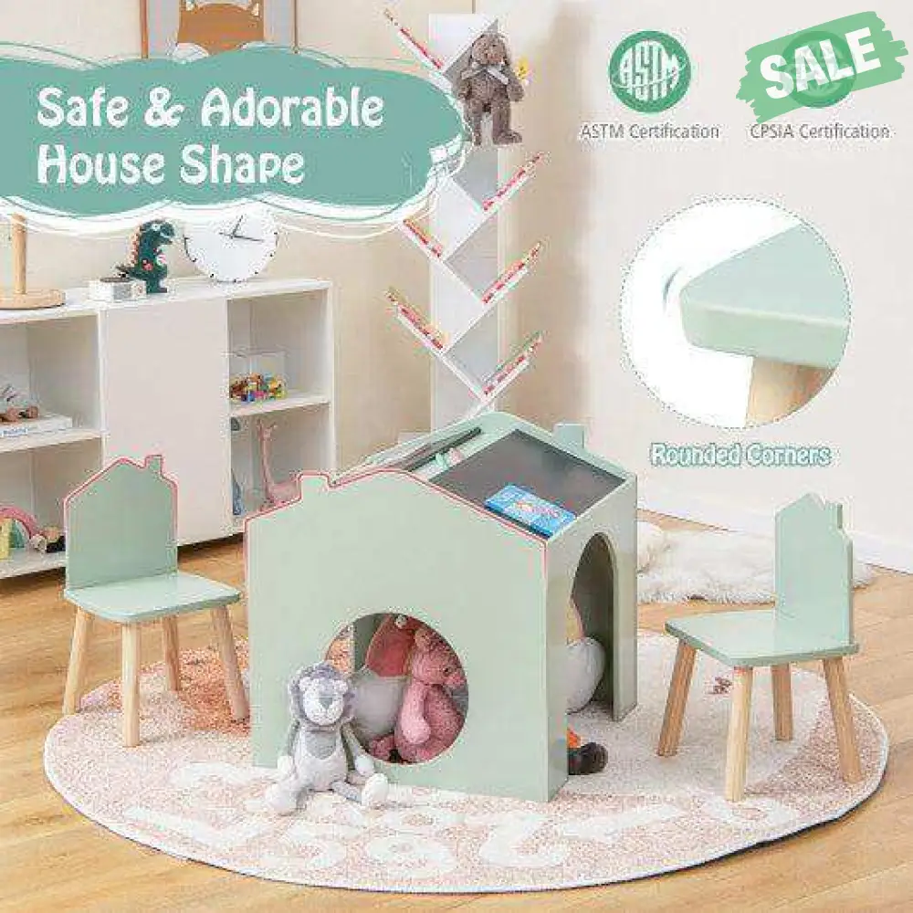 3 Pieces Wooden Kids Table and Chair Set-Green - Image 6