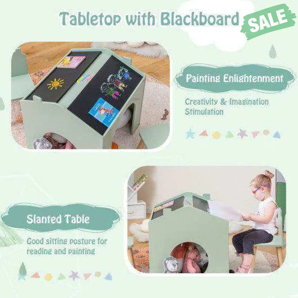 3 Pieces Wooden Kids Table and Chair Set-Green - Image 7