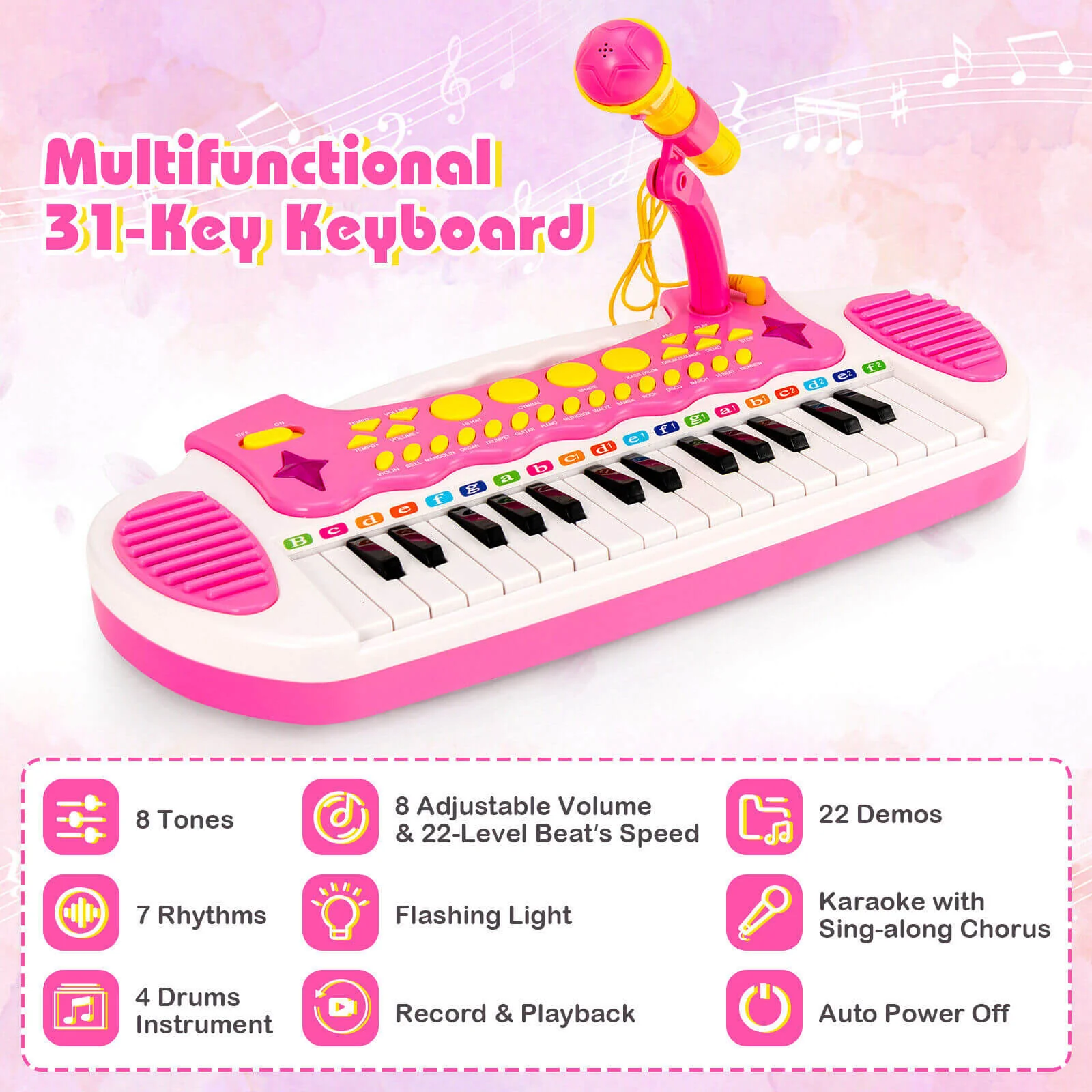 31-Key Kids Piano Keyboard Toy with Microphone and Multiple Sounds for Age 3+ - Image 15