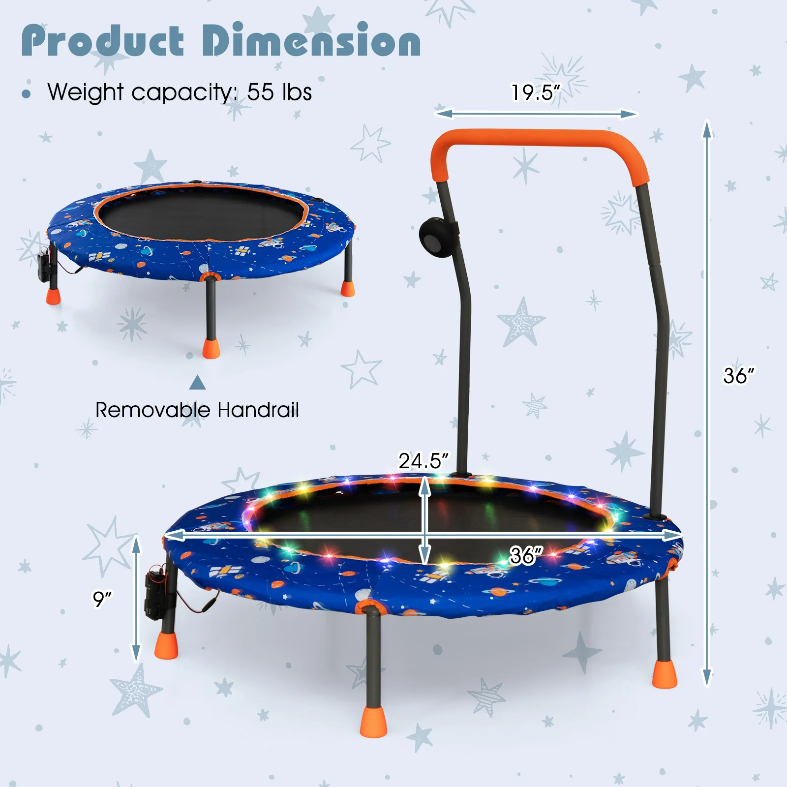 36 Inch Mini Trampoline with Colorful LED Lights and Bluetooth Speaker - Image 13