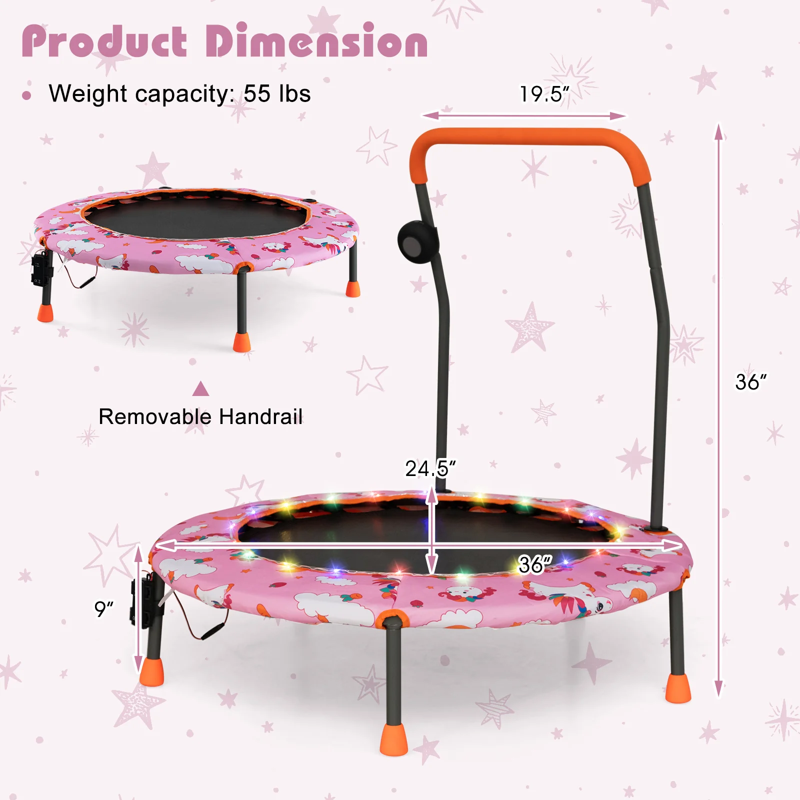 36 Inch Mini Trampoline with Colorful LED Lights and Bluetooth Speaker - Image 29