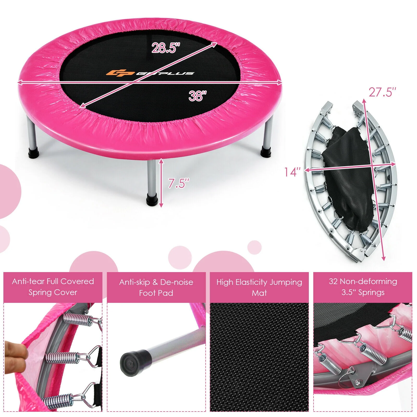 38 Inch Mini Folding Trampoline Portable Leisure Fitness Backboard - Image 12