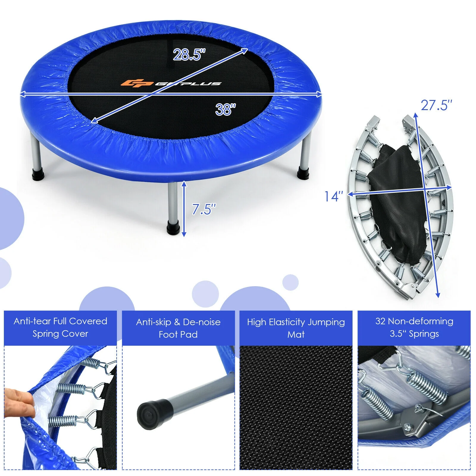 38 Inch Mini Folding Trampoline Portable Leisure Fitness Backboard - Image 4