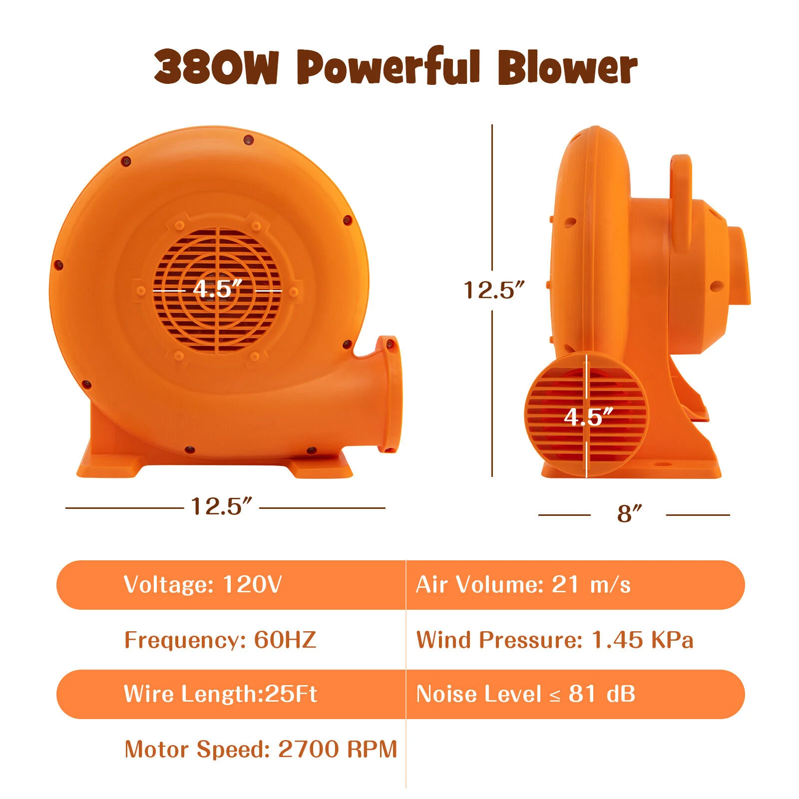 380W Air Blower (0.5HP) for Inflatables with 25 feet Wire and GFCI Plug - Image 4