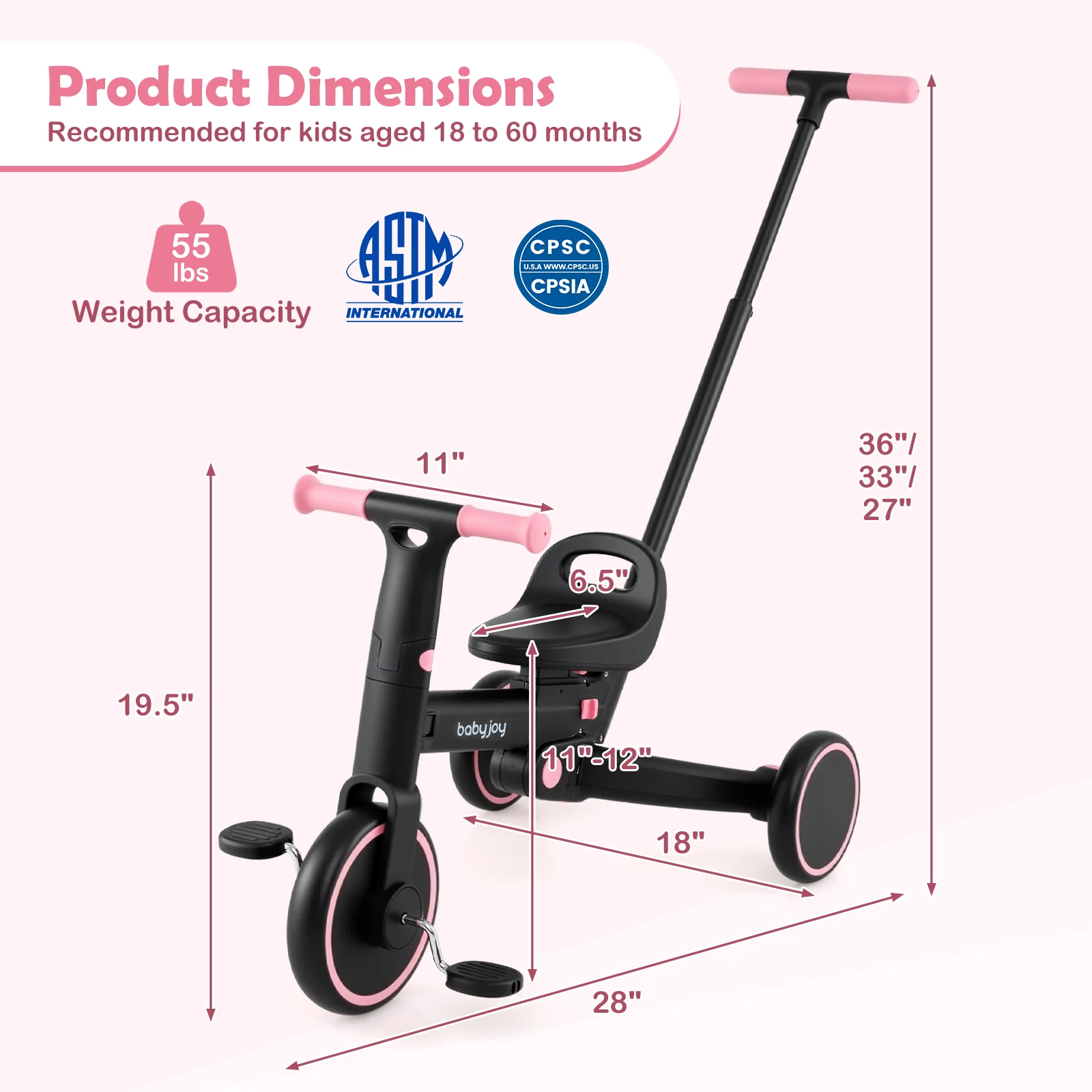 4-in-1 Foldable Toddler Tricycle with Push Handle with Adjustable Seat - Image 13