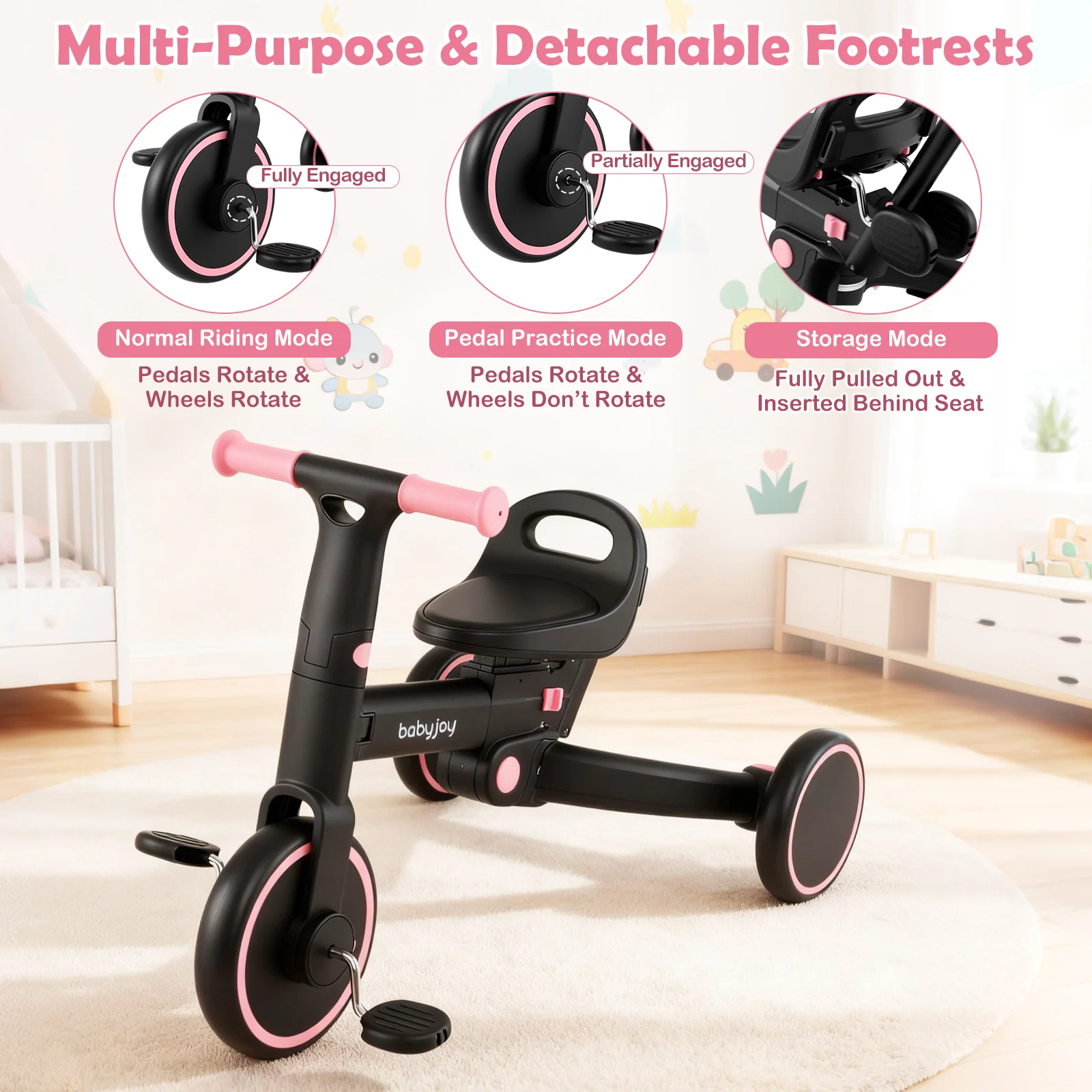 4-in-1 Foldable Toddler Tricycle with Push Handle with Adjustable Seat - Image 16