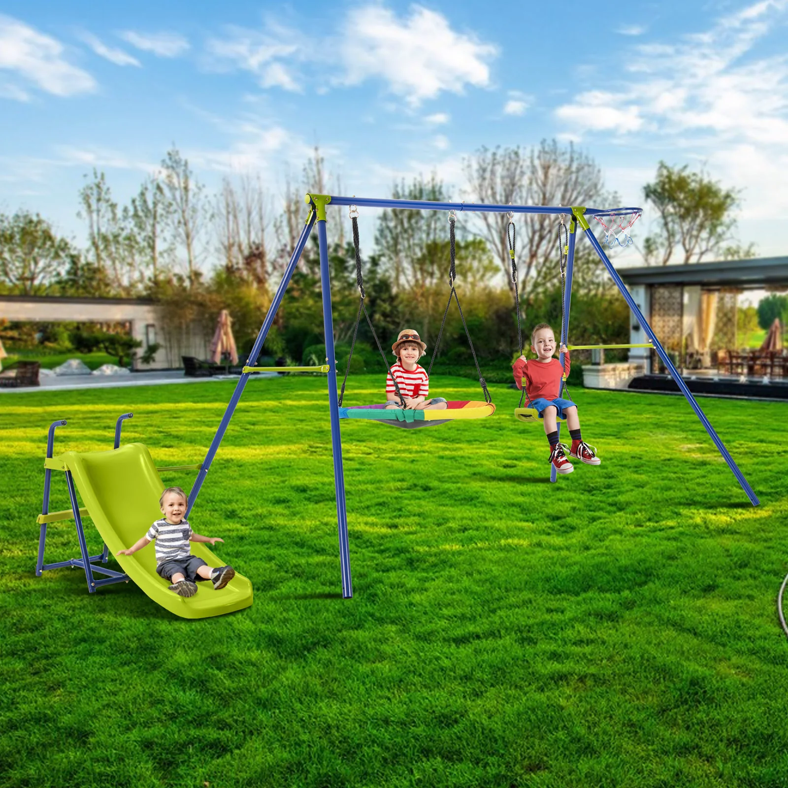 4-in-1 Heavy-Duty Metal Playset with Slide and Basketball Hoop - Image 2