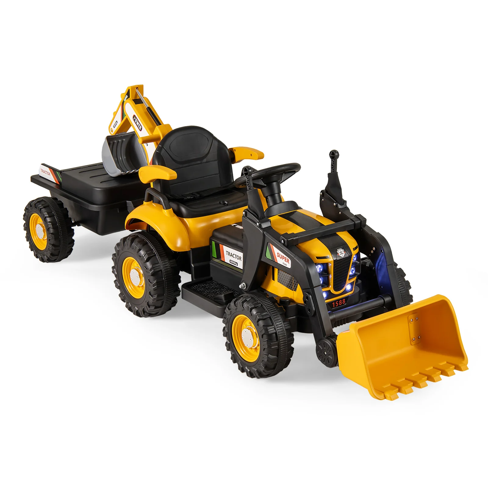 4-in-1 Kids Ride on Tractor 12V Excavator Bulldozer with Remote Control-Yellow - Image 2
