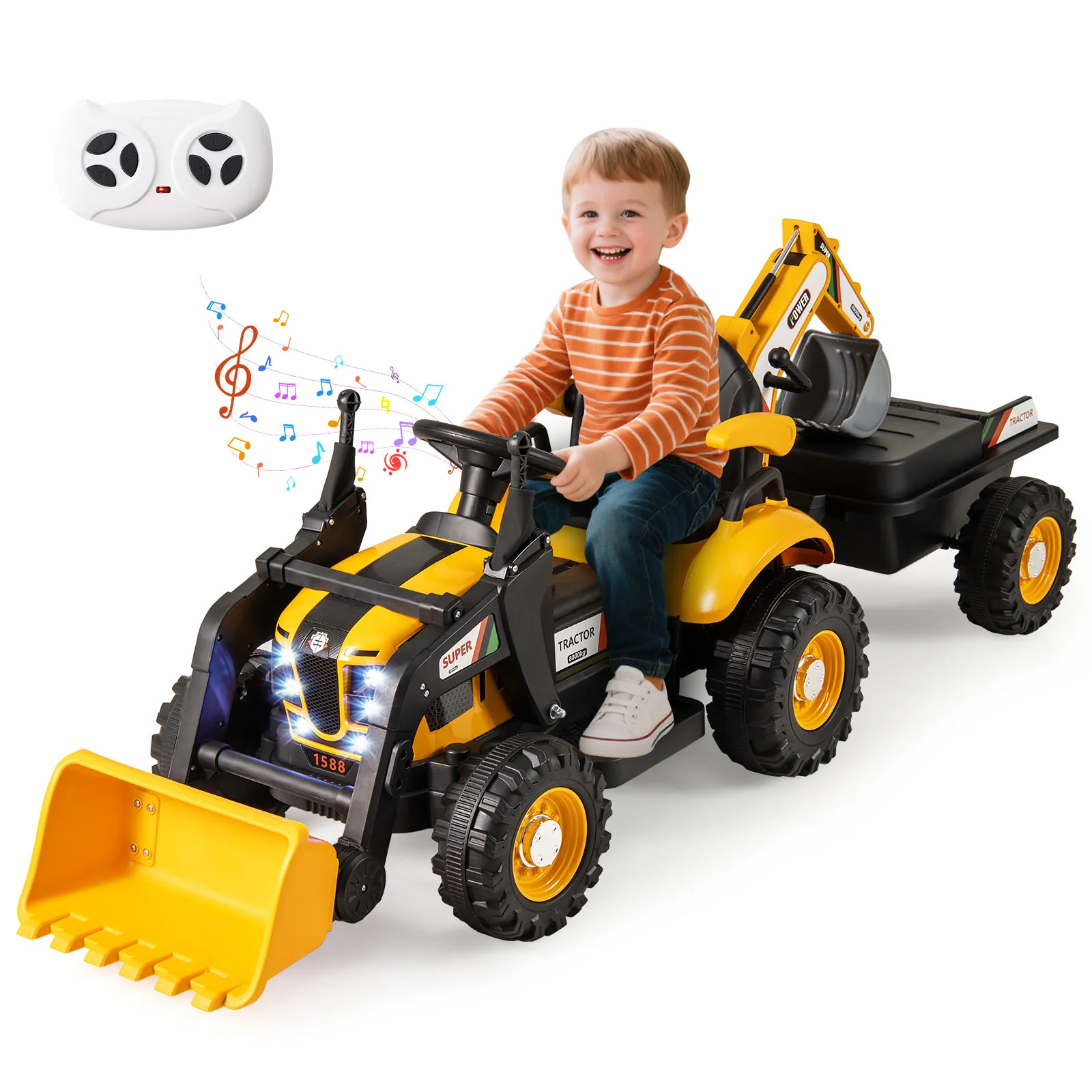 4-in-1 Kids Ride on Tractor 12V Excavator Bulldozer with Remote Control-Yellow - Image 3