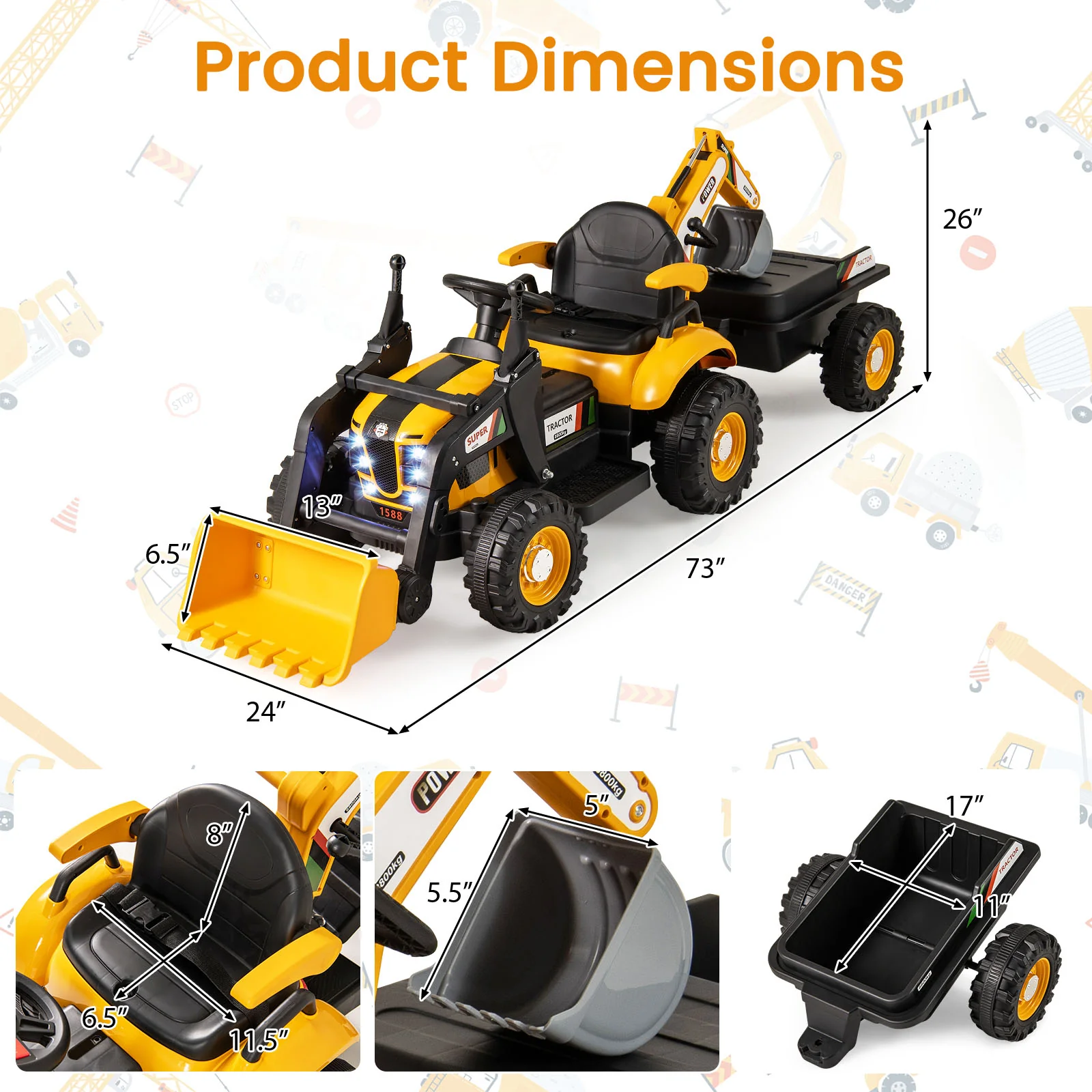 4-in-1 Kids Ride on Tractor 12V Excavator Bulldozer with Remote Control-Yellow - Image 4