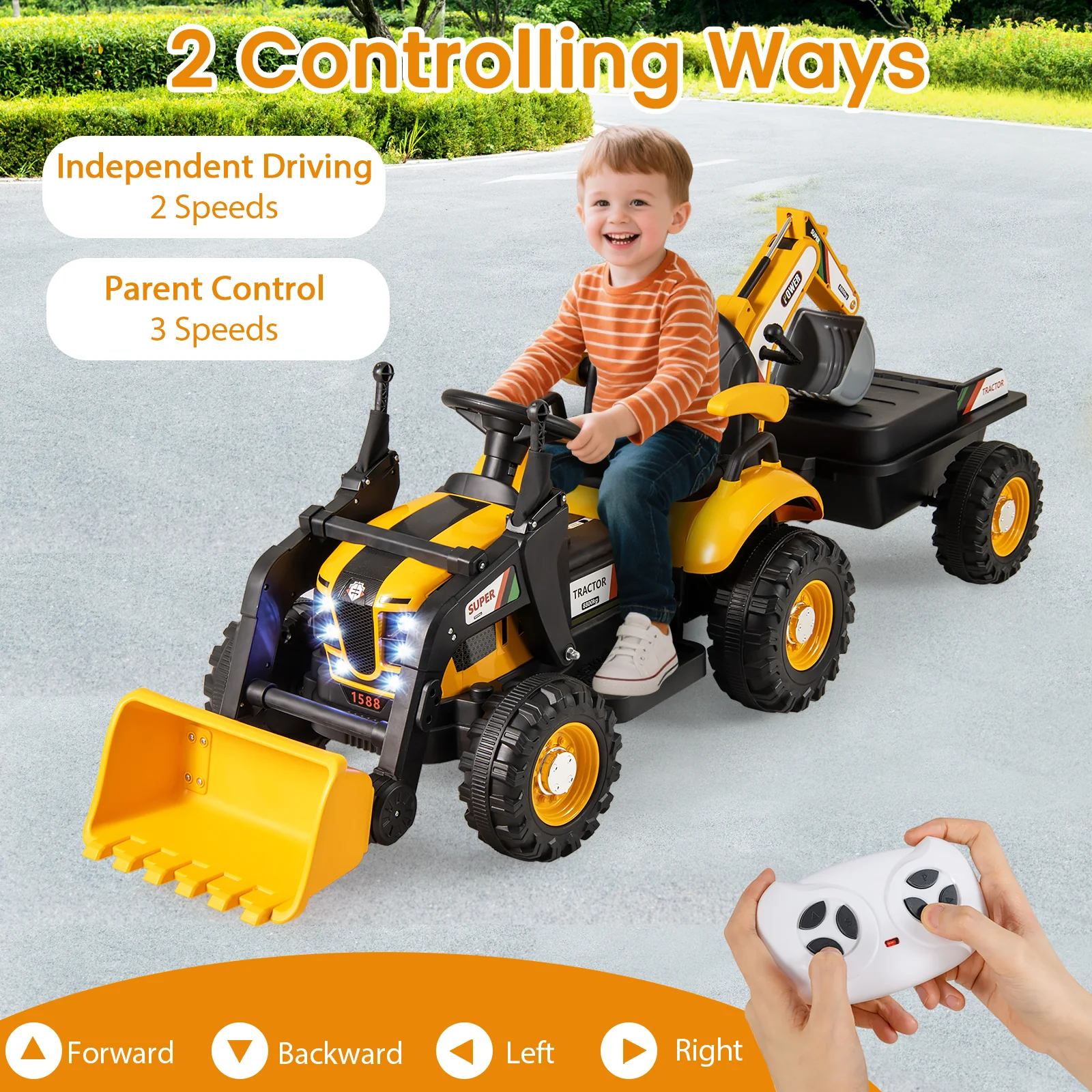 4-in-1 Kids Ride on Tractor 12V Excavator Bulldozer with Remote Control-Yellow - Image 5