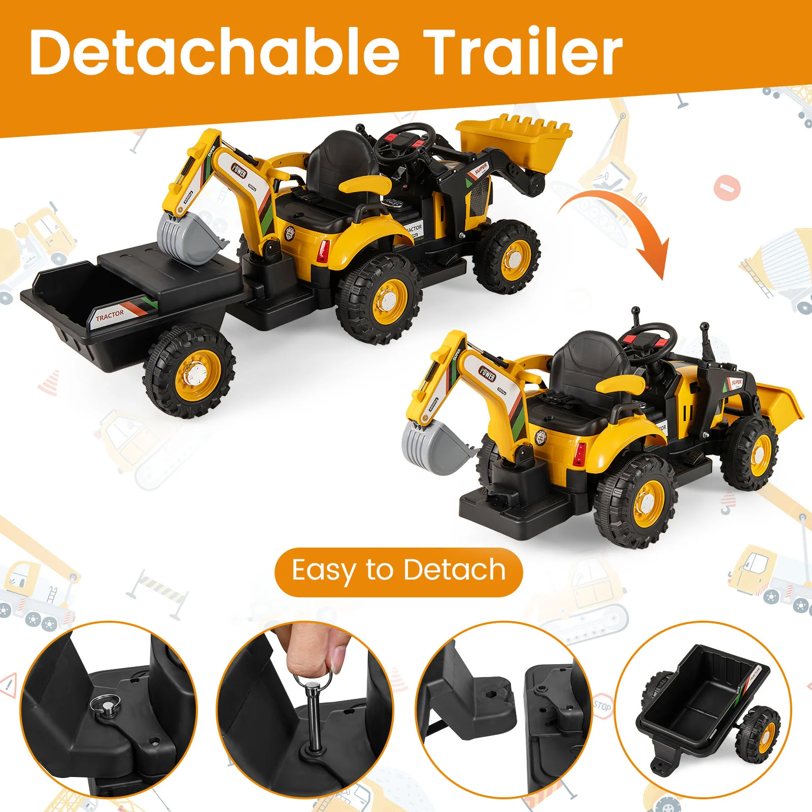 4-in-1 Kids Ride on Tractor 12V Excavator Bulldozer with Remote Control-Yellow - Image 6