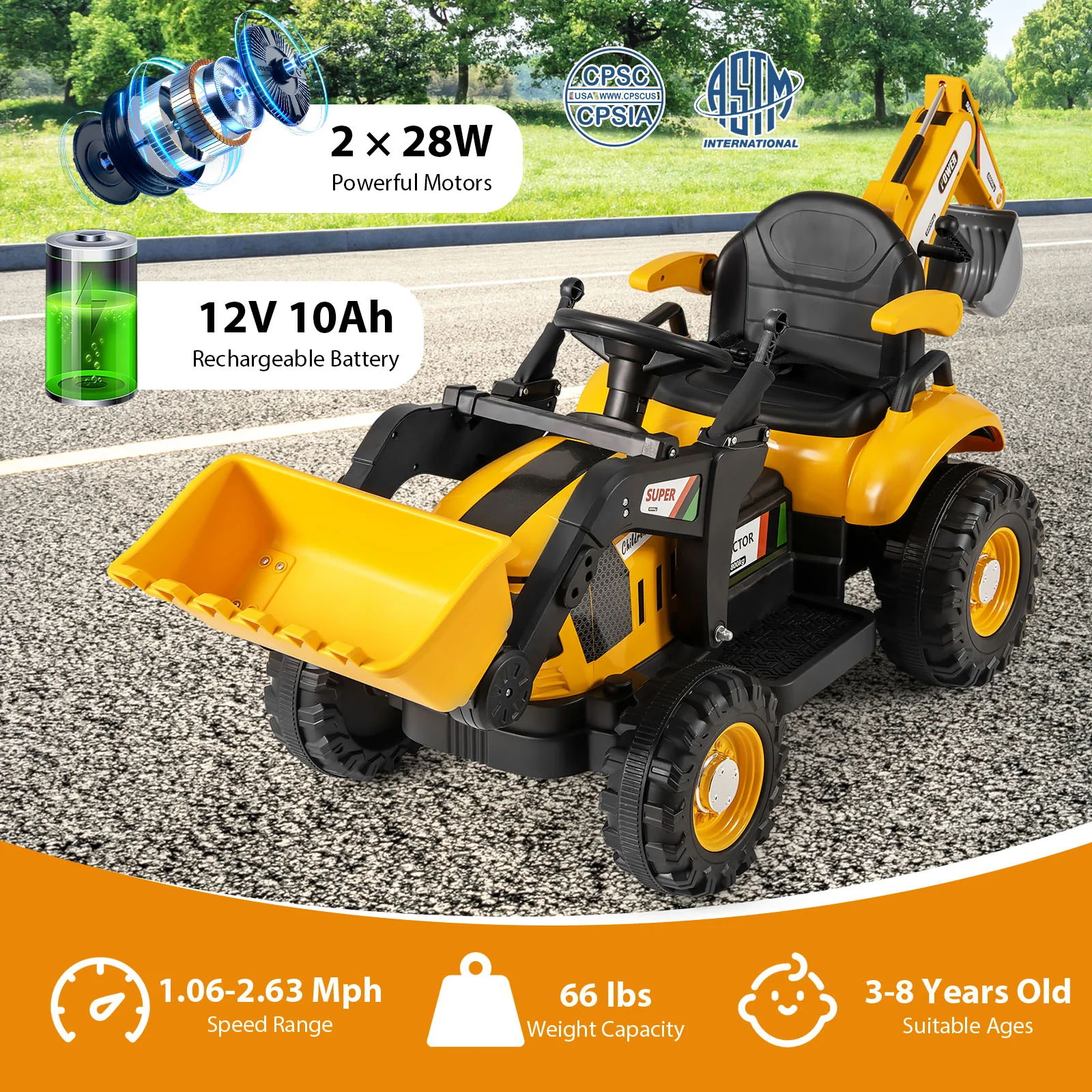 4-in-1 Kids Ride on Tractor 12V Excavator Bulldozer with Remote Control-Yellow - Image 8
