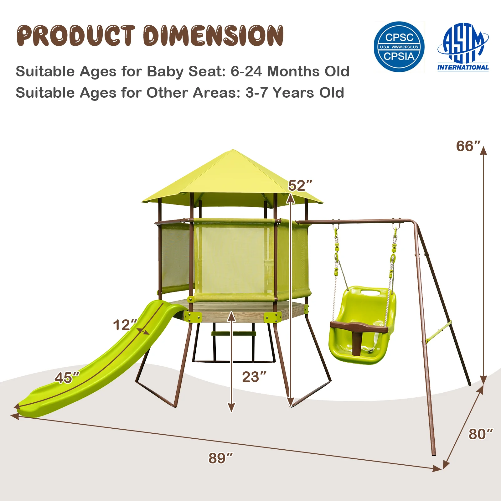 4-in-1 Swing Set with Covered Playhouse Fort and Height Adjustable Baby Seat-Green - Image 4