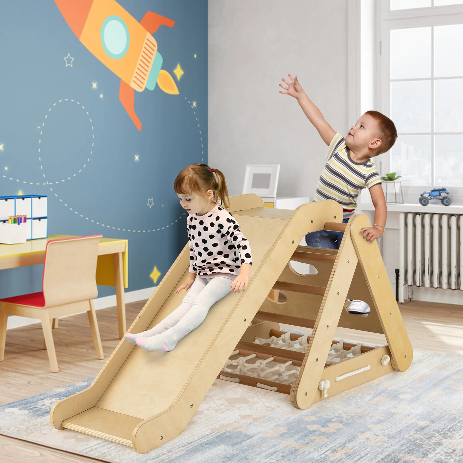 4 in 1 Triangle Climber Toy with Sliding Board and Climbing Net - Image 14