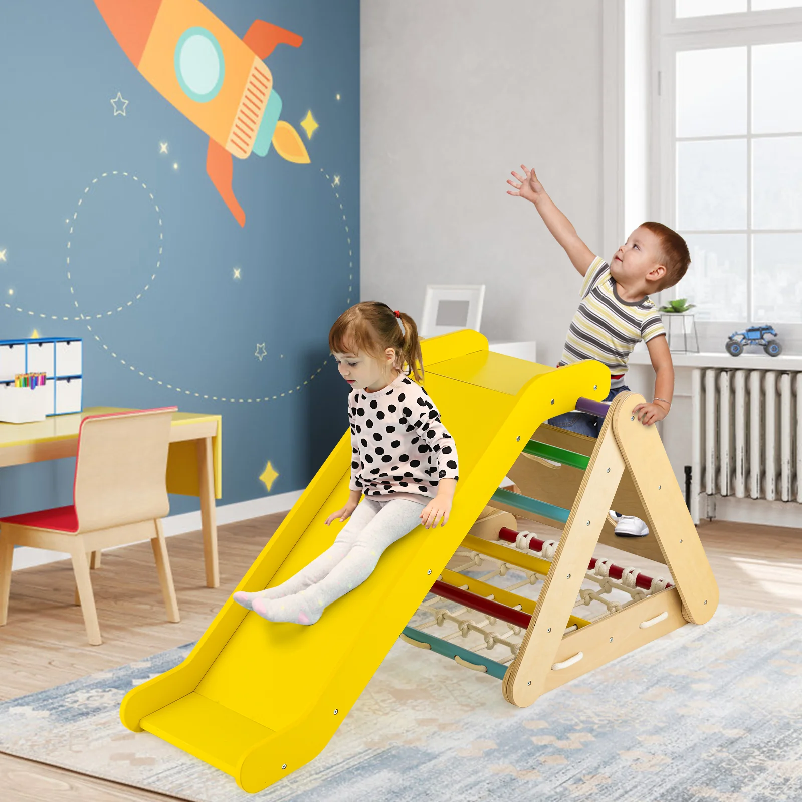 4 in 1 Triangle Climber Toy with Sliding Board and Climbing Net - Image 2