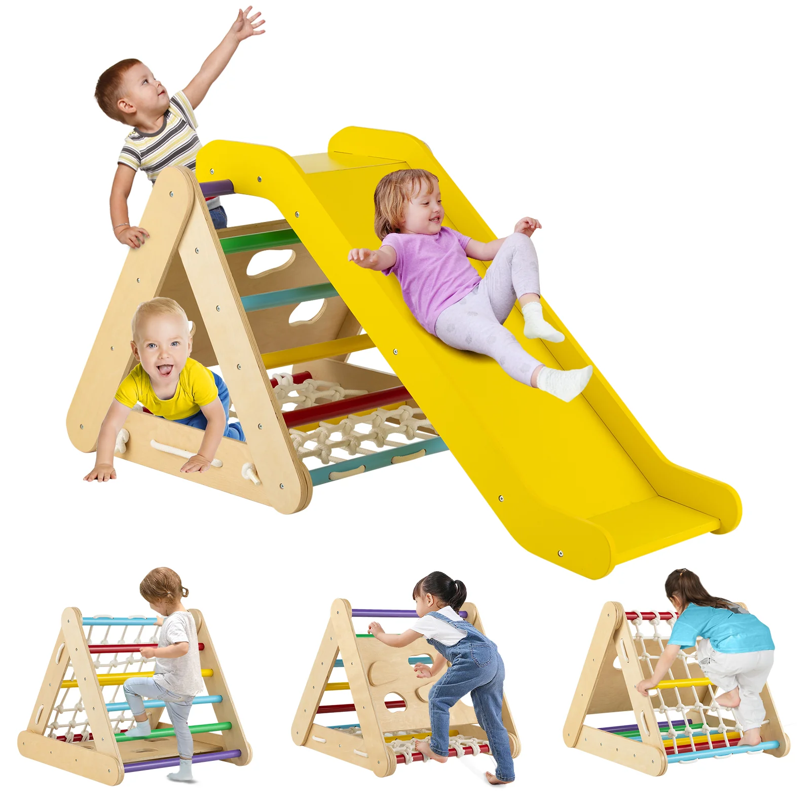 4 in 1 Triangle Climber Toy with Sliding Board and Climbing Net - Image 4