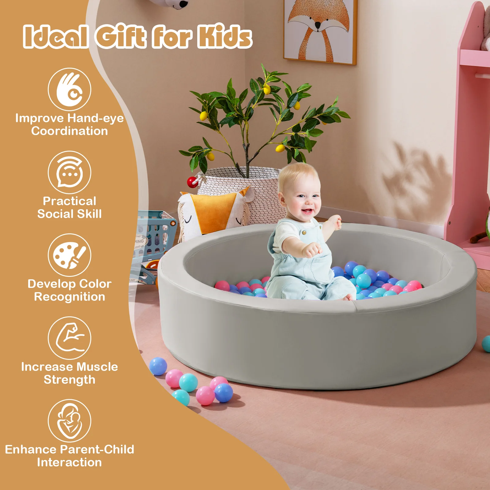 42.5 Inch Round Foam Ball Pits with 25D Sponge Filling and Washable PU Cover for Toddlers - Image 8