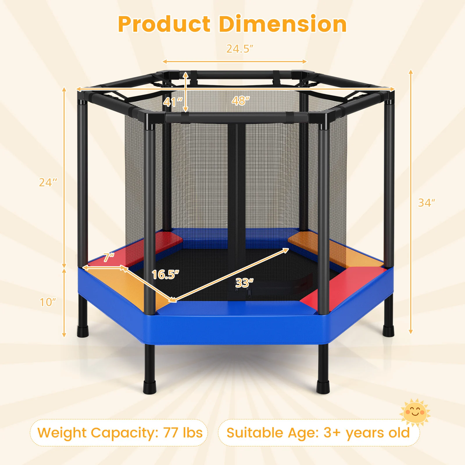 48 Inches Hexagonal Kids Trampoline With Foam Padded Handrails - Image 3