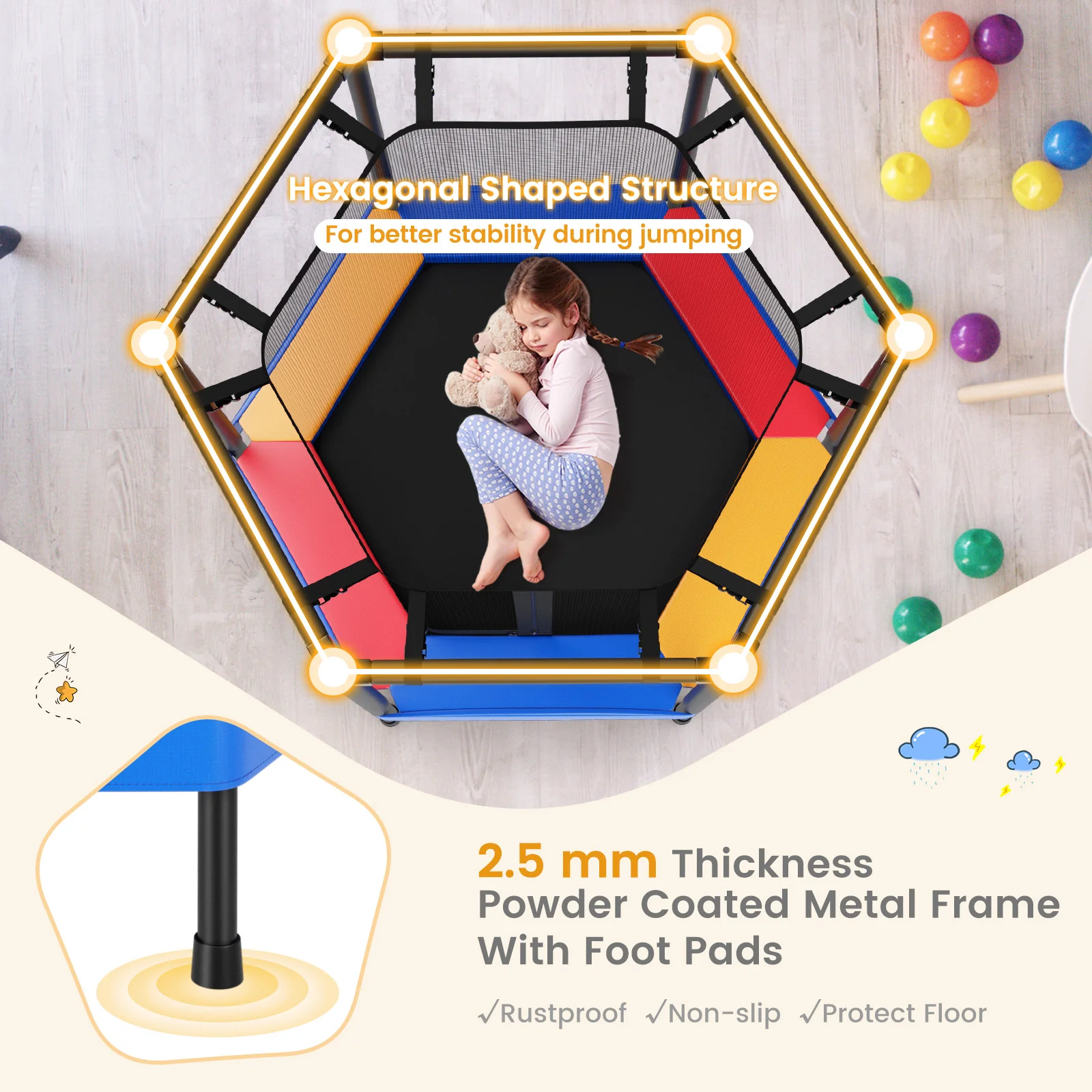 48 Inches Hexagonal Kids Trampoline With Foam Padded Handrails - Image 4