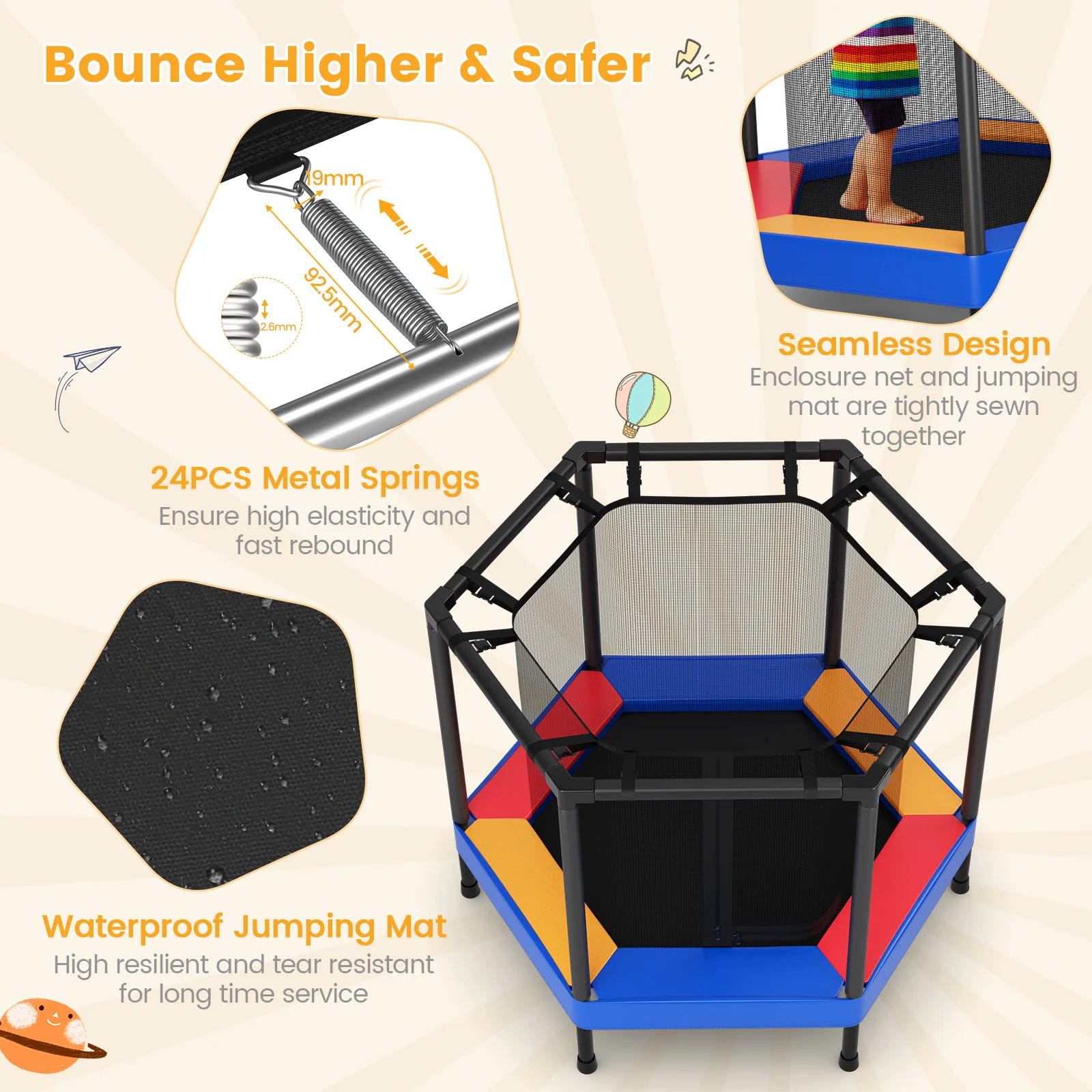 48 Inches Hexagonal Kids Trampoline With Foam Padded Handrails - Image 6