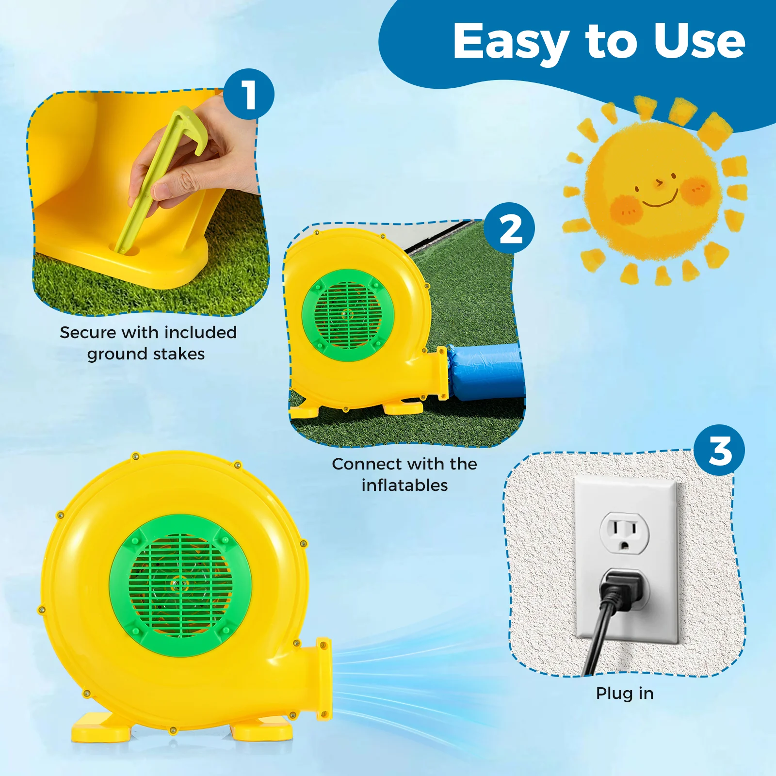 480W Bounce House Blower with Handle and Ground Stakes - Image 5