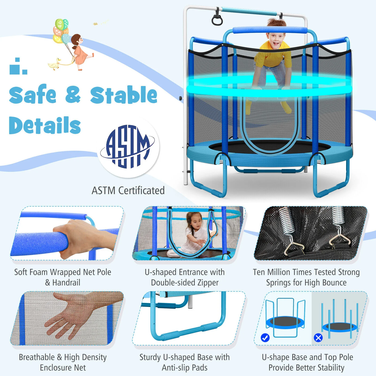 5 Feet Kids 3-in-1 Game Trampoline with Enclosure Net Spring Pad - Image 16
