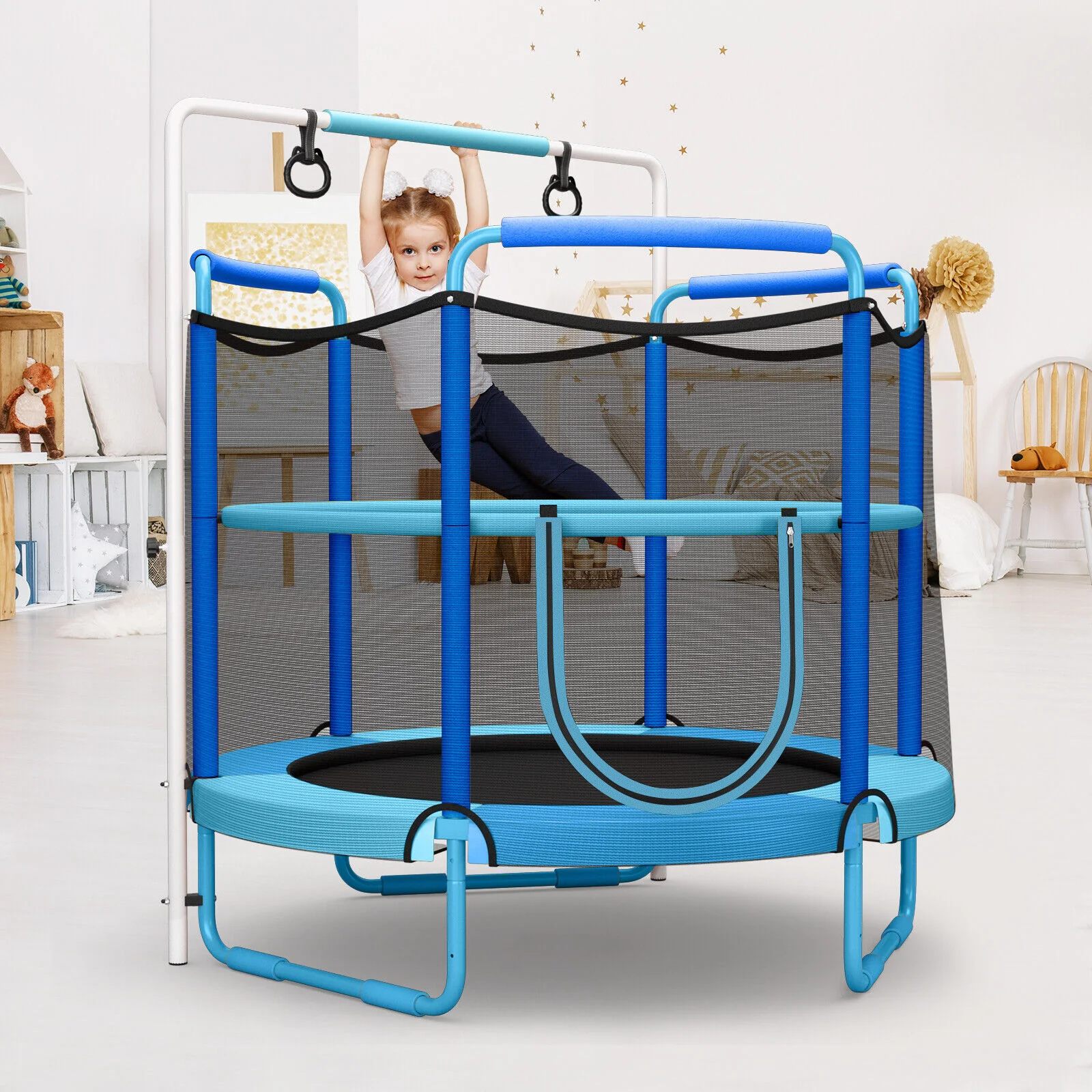 5 Feet Kids 3-in-1 Game Trampoline with Enclosure Net Spring Pad - Image 9