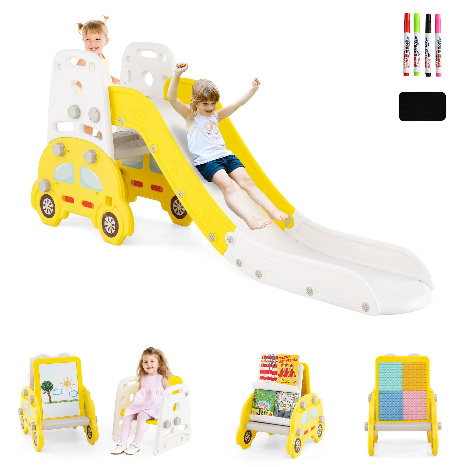 5 in 1 Convertible Toddler Slide Set Kids Art Easel with Stool and Book Rack - Image 12