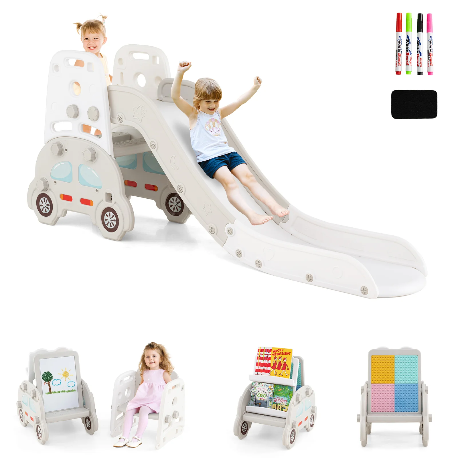 5 in 1 Convertible Toddler Slide Set Kids Art Easel with Stool and Book Rack - Image 4