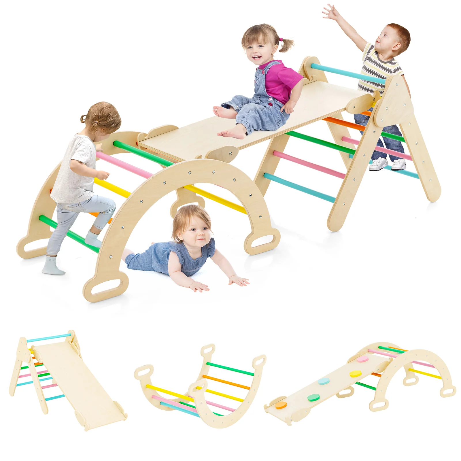 5-in-1 Wooden Kids Climber Toys with Triangle Arch Ramp - Image 10