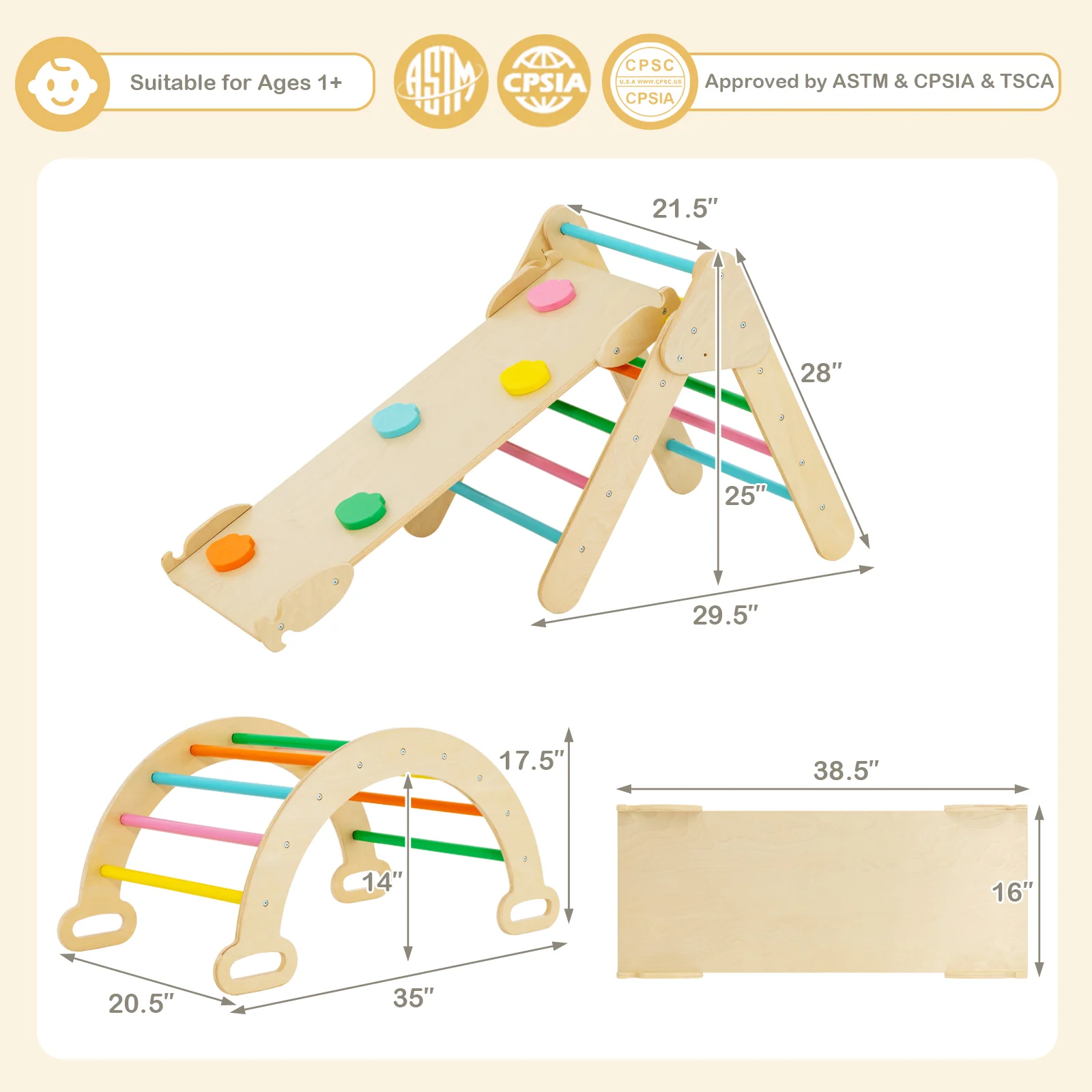 5-in-1 Wooden Kids Climber Toys with Triangle Arch Ramp - Image 11