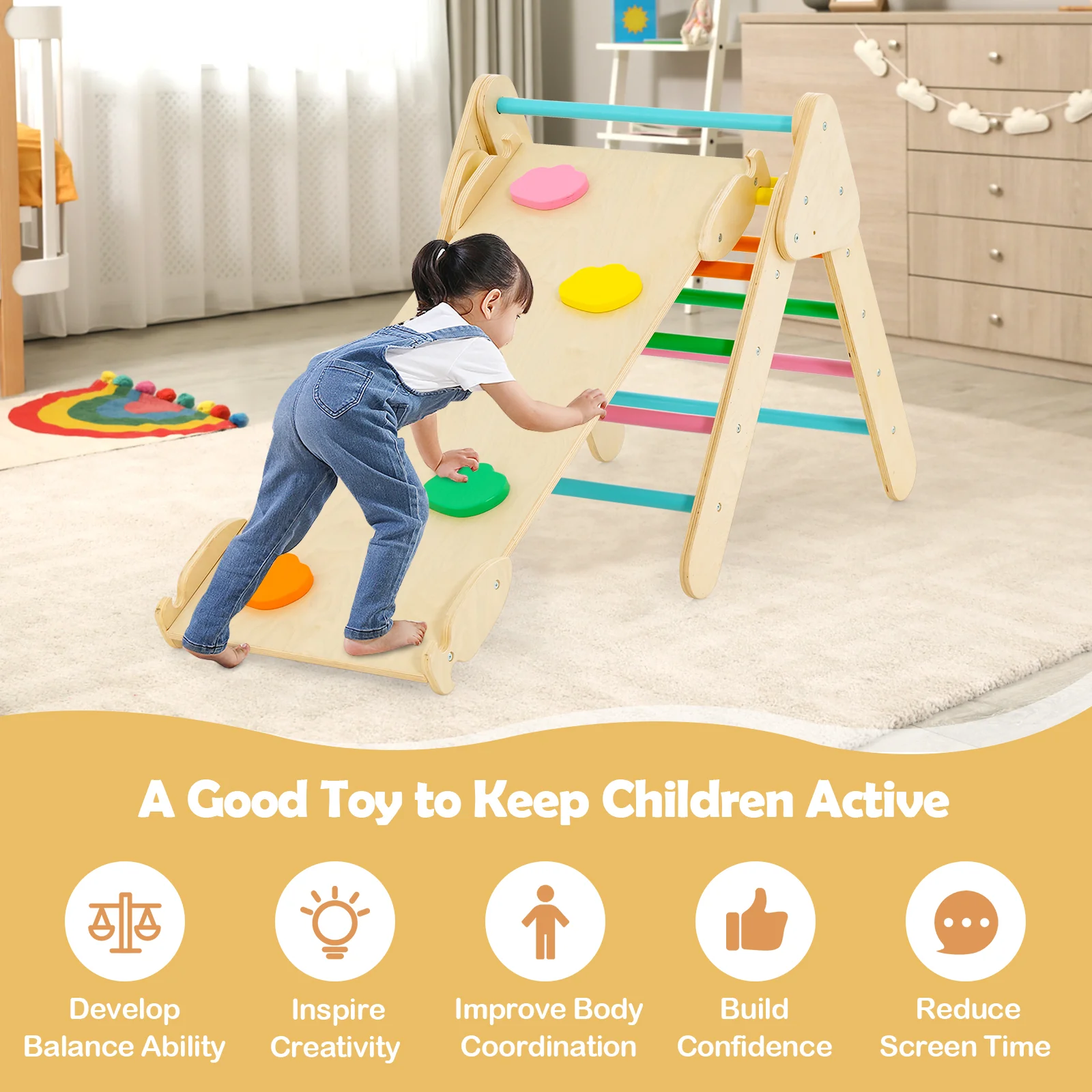 5-in-1 Wooden Kids Climber Toys with Triangle Arch Ramp - Image 12