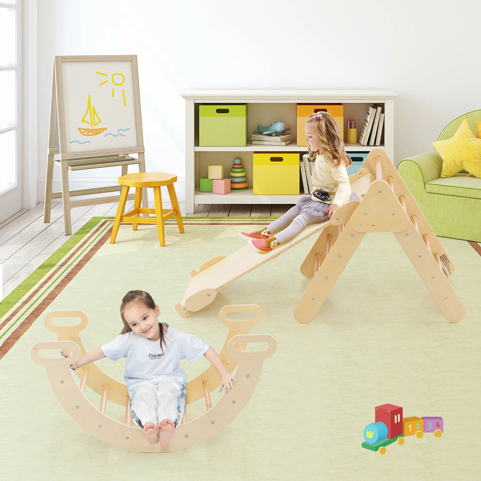 5-in-1 Wooden Kids Climber Toys with Triangle Arch Ramp - Image 2