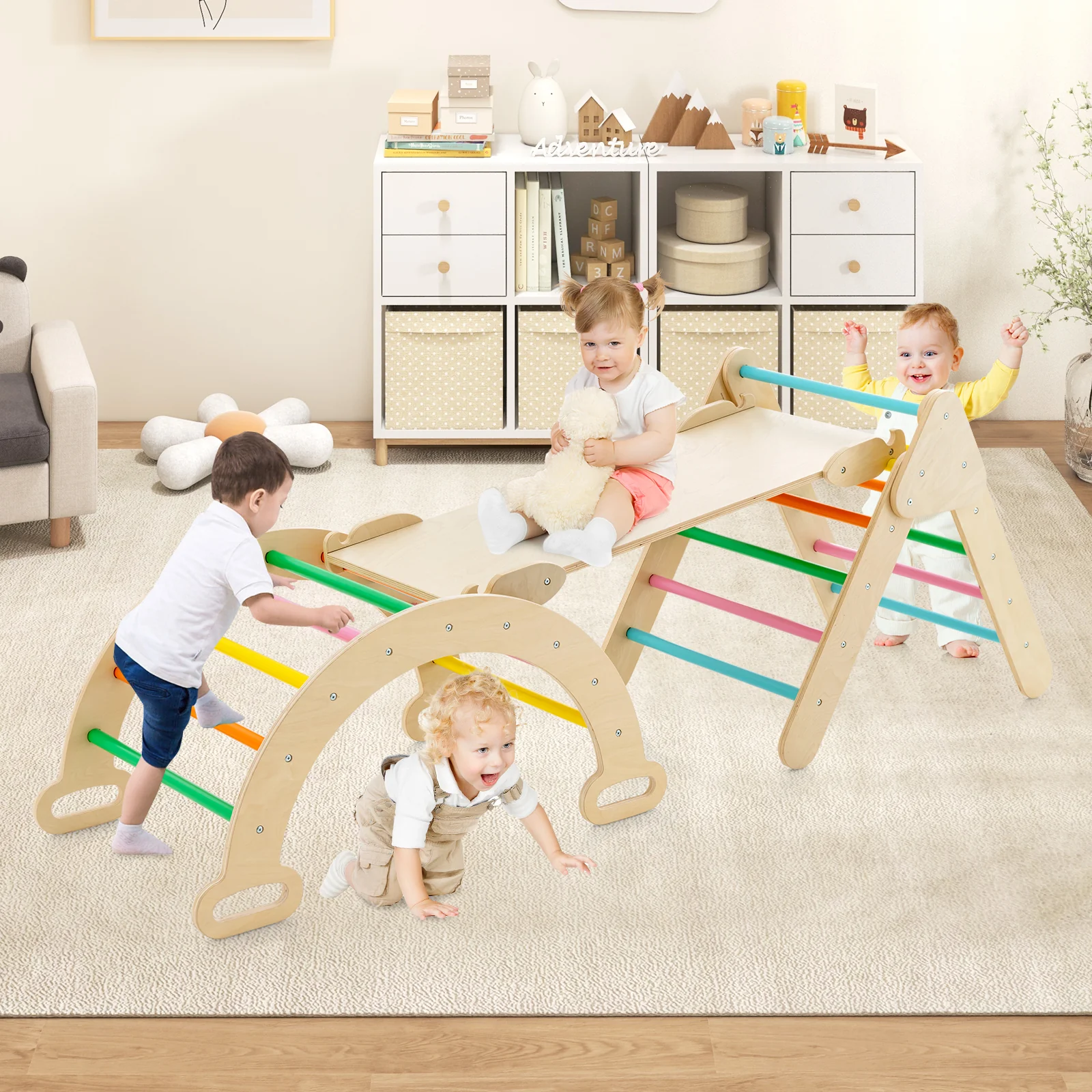 5-in-1 Wooden Kids Climber Toys with Triangle Arch Ramp - Image 9