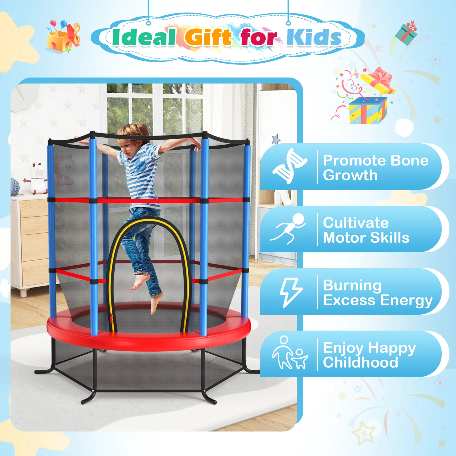 55 Inch Kids Recreational Trampoline Bouncing Jumping Mat with Enclosure Net - Image 4